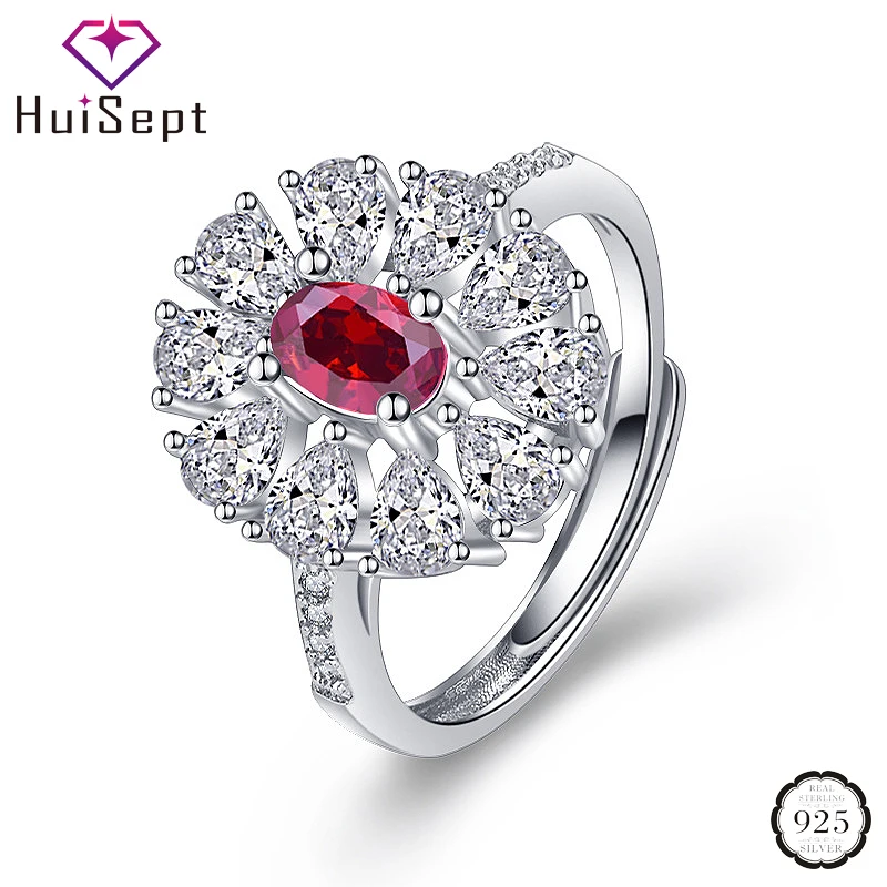 

HuiSept Retro Rings 925 Silver Jewelry Oval Shape Ruby Emerald Sapphire Zircon Gemstone Open Ring Accessories for Women Wedding