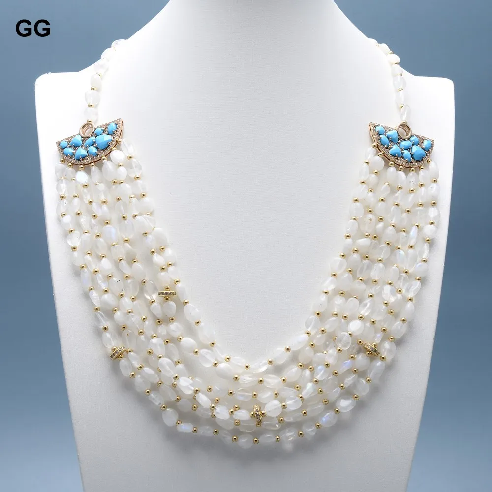 

GG 7 Rows Natural Moonstone Freedom Turquoise Blue CZ Cubic Zirconia Pave Gold Plated Connector Necklace For Women