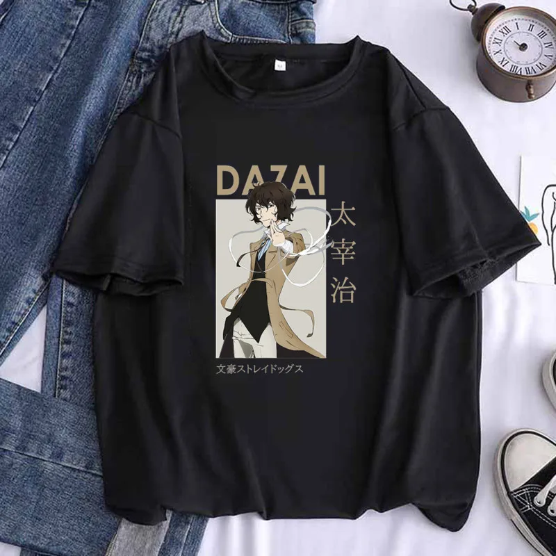 Bungo bezpańskie psy kobiety czarny T-shirt Osamu Dazai Nakajima Atsushi krótki rękaw biały graficzny top Tee,Drop Ship