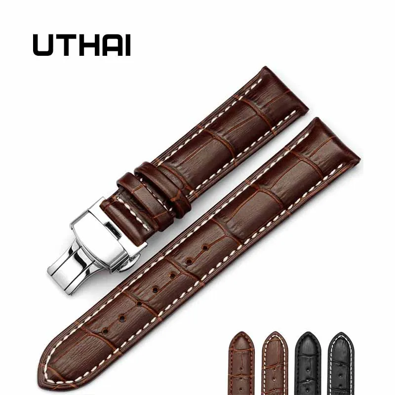 UTHAI Z06 watchband double click elastic butterfly buckle strap cowhide dermal 14/16/18/19/20/21/22 /24mm watch strap