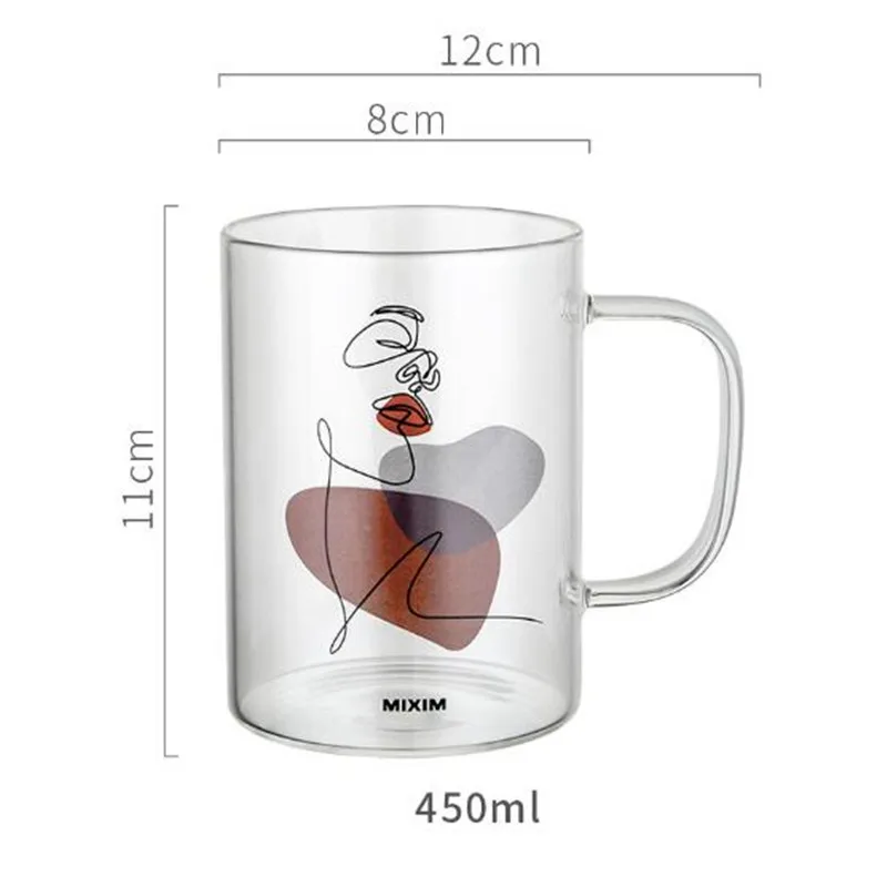 450ML Abstract Glass Cup with Handle for Women Clear Face Design Large Capacity Coffee Milk Beer Tea Mug for Couple Gifts