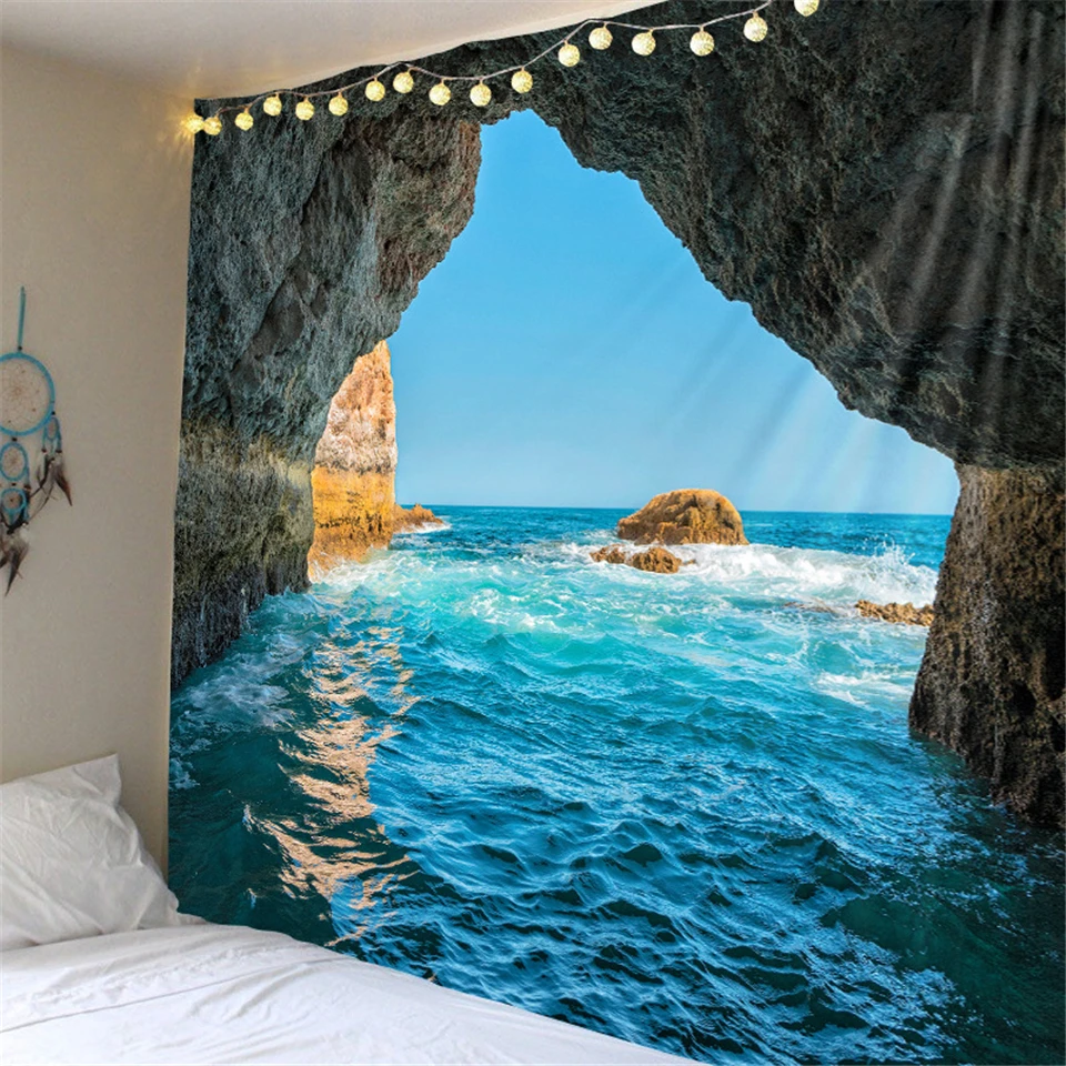 

Islands Cave Ocean Tapestry Sea Sky Nature Landscape Beach Dorm Boho Decor Carpet Hippie Art Tapestry Wall Hanging Cloth Blanket