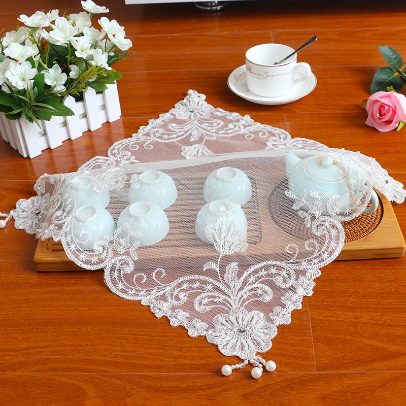 Square European Lace Embroidered Beaded Pendant Coaster Balcony Bedroom Round Table Food Snack Jewelry Box Antique Cover Towel