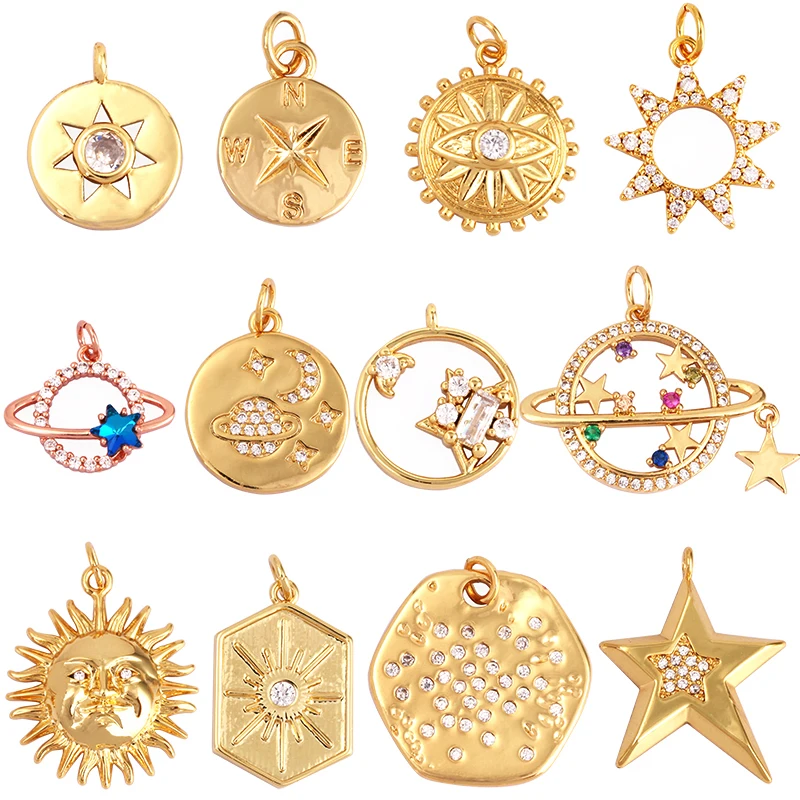 Sun Moon Star Space Celestial Compass Charm Pendant in Gold Colour , Jewelry Necklace Bracelet Making Supplies L93