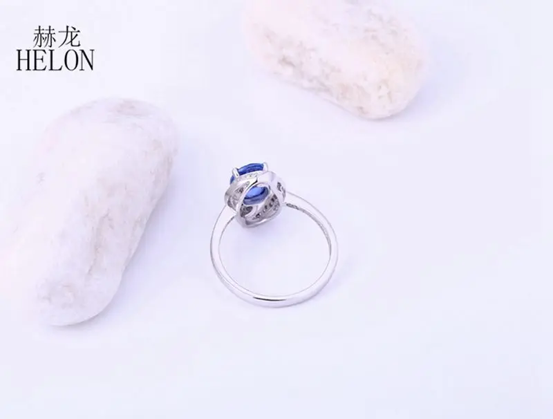 HELON Solido 18k Oro Bianco AU585 Ovale 7x5mm Naturale Blu Zaffiro e Diamanti di Fidanzamento di Cerimonia Nuziale Delle Donne tredny Gioielleria Raffinata Anello