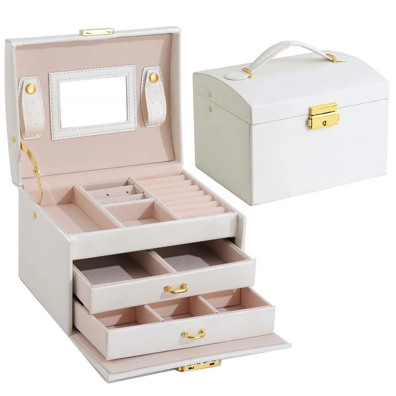 Fashion Jewelry Storage Box Large Capacity Portable Lock With Mirror Storage Boxes Earrings Necklace Ring Jewelry Display