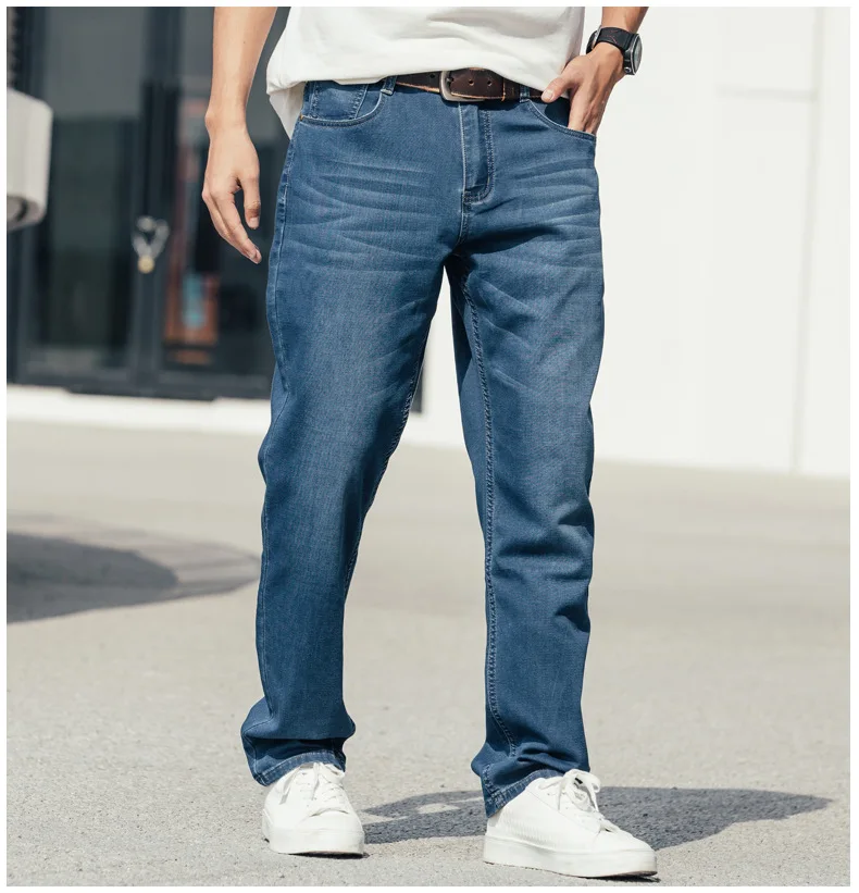 Summer Thin Section Men's Straight Large Size Loose Elastic Force Denim Jeans Blue Pants Hip Hop Leisure Streetwear Man Trousers