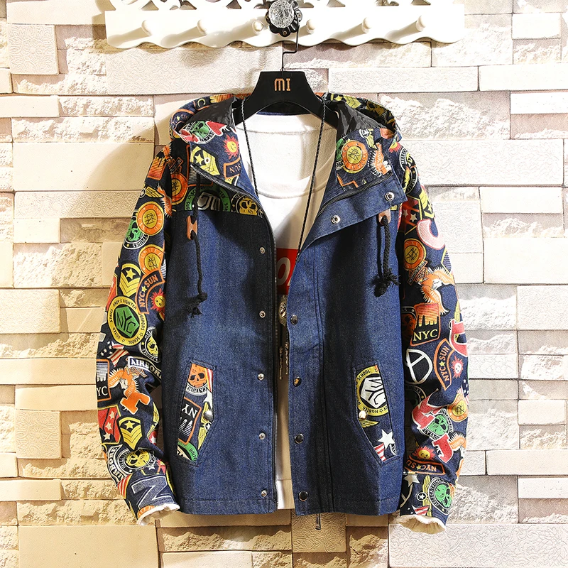 

Men Spring Denim Jackets Outwear Hooded Denim Coats Pop Male Slim Casual Jeans Jackets Streetwear Jean Coats Size 3XL