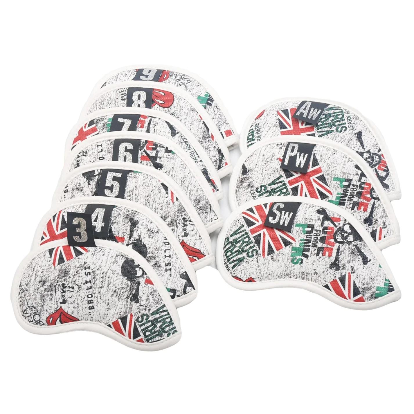 

10PCS Golf Iron Headcover UK Flag Skull With Number Tags Thick PU Artificial Leather Stylish Iron Club Head Cover