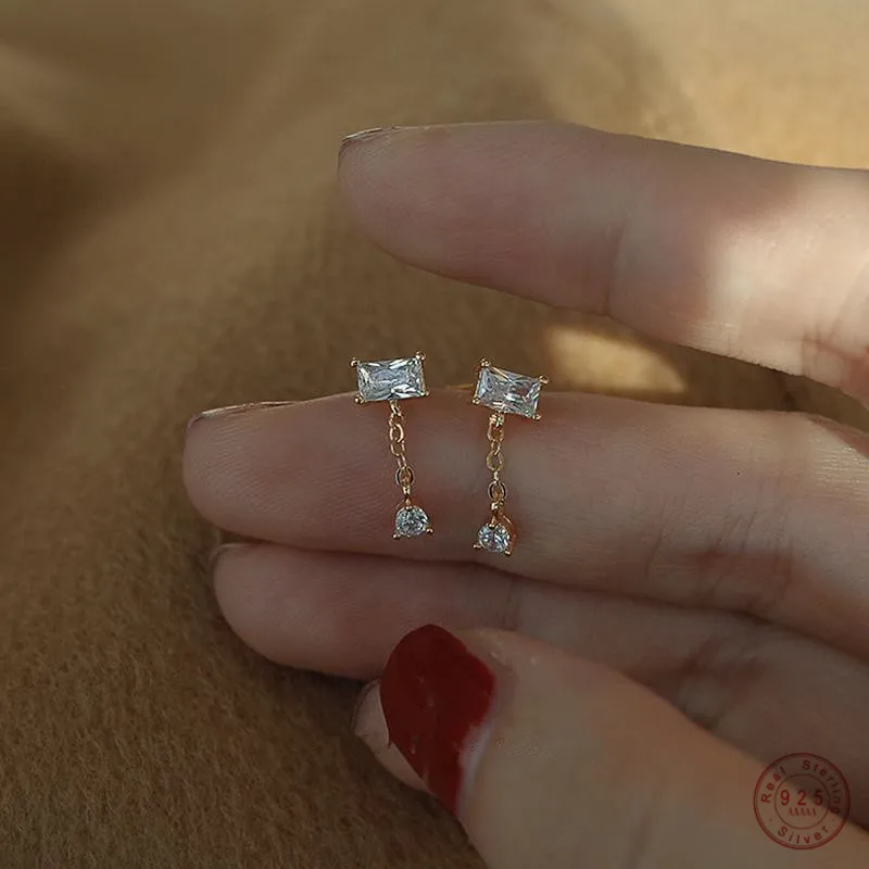 925 Sterling Silver Korean Simple Temperament Geometric Zircon Stud Earrings Women Plating 14k Gold Wedding Jewelry