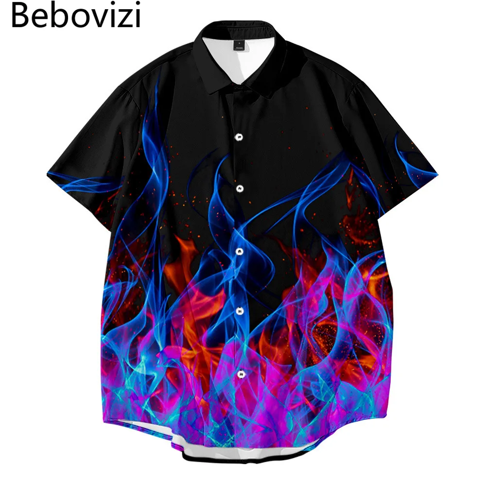 

Hip Hop Short Sleeve Harajuku Streetwear Hawaiian Men Oversized Shirt Fashion Summer Blue Flame Printing Shirt Plus Size 6XL