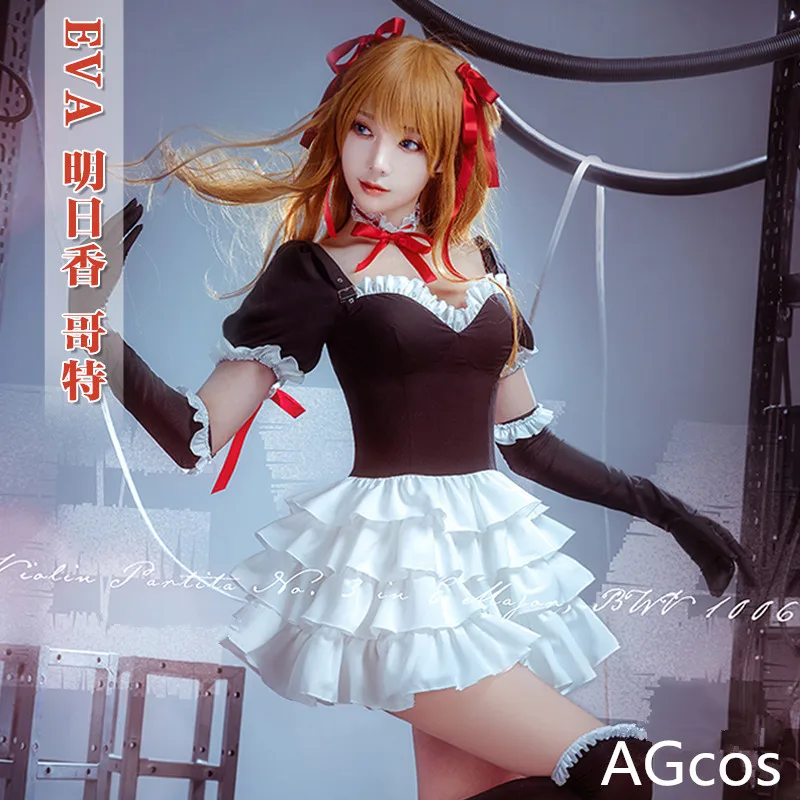 AGCOS Game EVA Asuka Langley Soryu Cosplay Costume Christmas Lolita Dress Woman Clothes Outfits Dress+Socks+Gloves+Headwear