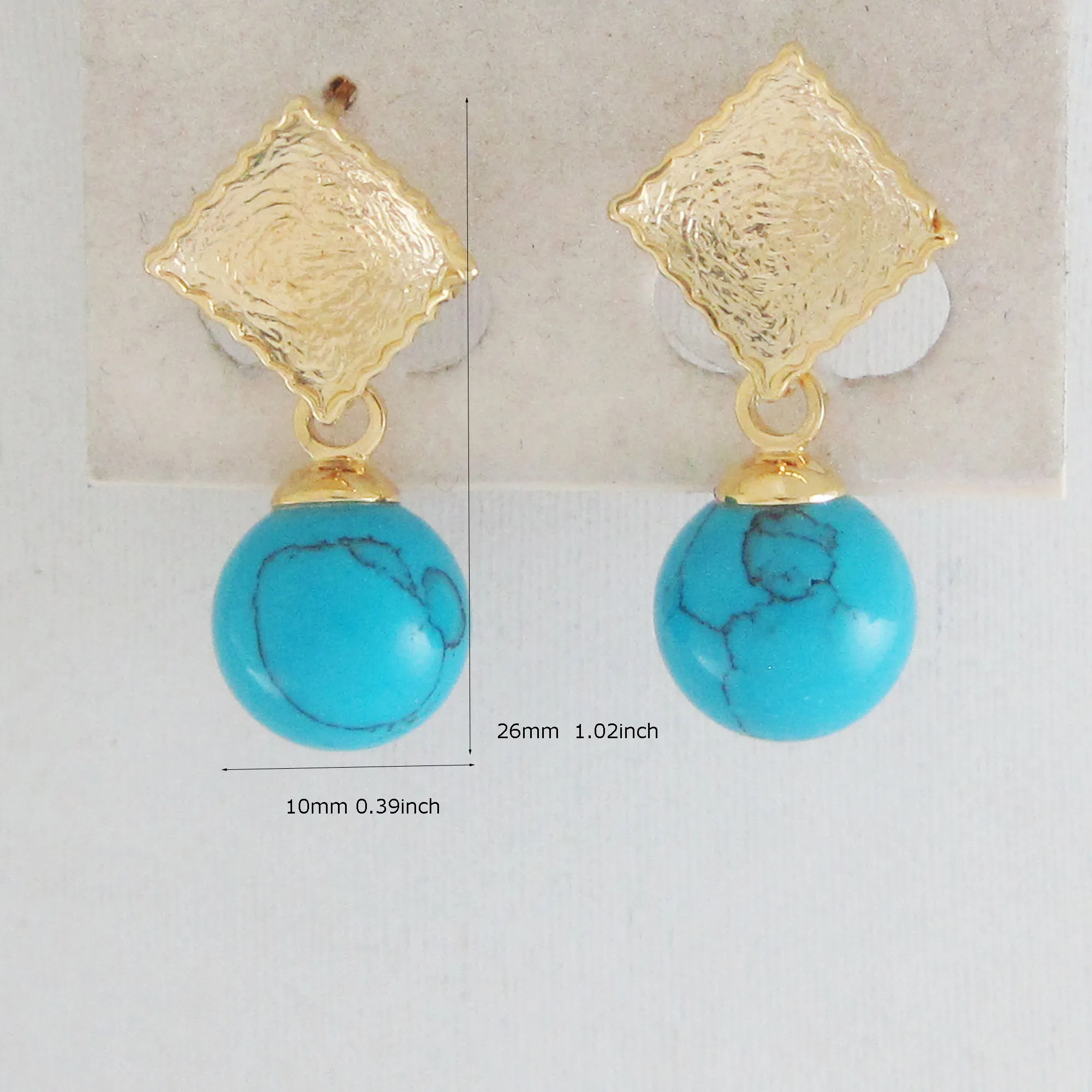 BALL BLUE STONE DANGLER SQUARE SHAPE SCRUB SURFACE STUD YELLOW GOLD COLOR OVERLAY FILLED BRASS EARRING GREAT GIFT