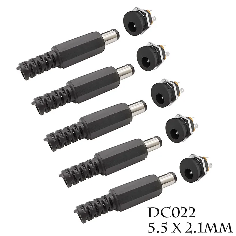 10Pcs (5Pairs) DC022 5.5 x 2.1mm 12V 3A DC Power Socket Plastic Male Plugs Female Socket Panel Mount Jack 5.5*2.1M Connector