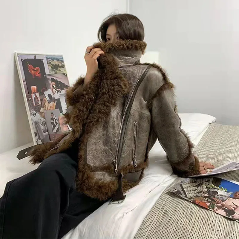 Natural Real Shee Fur Coat Short Length Luxury Jacket Women WInter Chapped Sheepskin Technology Thick Warm Locomotive Model