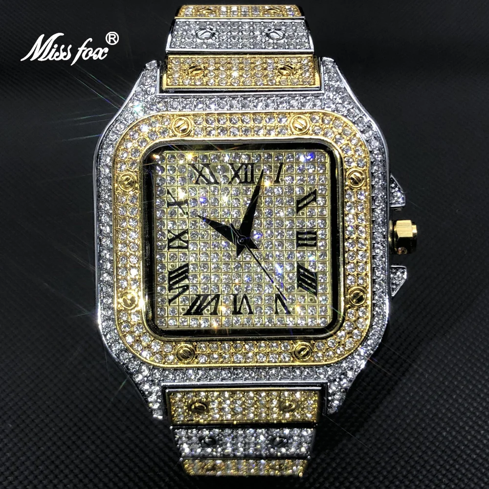 

MISSFOX White Gold Men Watches Top Brand Luxury Full Diamond Square Quartz Male Watch Hip Hop Ice Out Waterproof Clock Gift 2021