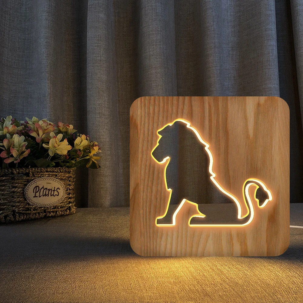 Male Lion 3D Wooden Lamp USB LED Night Light Sleeping Lighting Bedroom Decorative Table Lamp For Children Birthday Party Gift