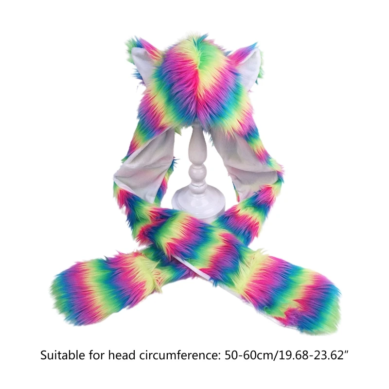 Women Rainbow Stripes Furry Animal Hoodie Hat Fluffy Plush Ears Paws 3 In 1 Earflap Cap Scarf Gloves Mittens Warmer