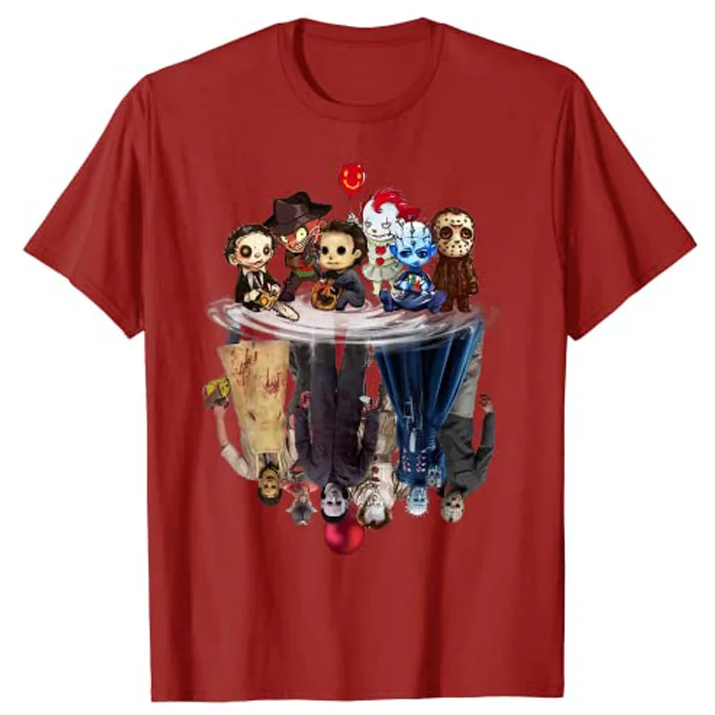 Cute Horror Movie Chibi Character Water Reflection Halloween T-Shirt Graphic Tees Oversized T Shirt Graphic Gift