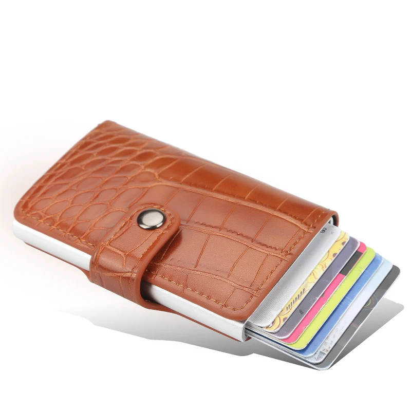 

New RFID Aluminium Alloy Credit Card Holder PU Leather Card Wallet Card Holder for Men Women Automatic Pop Up Card Case