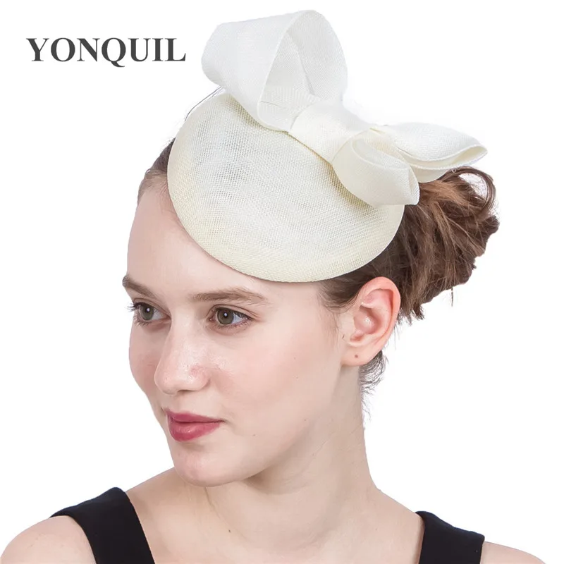 New Imitation Sinamay Fascinator Hats Light Blue Bowknot Women Ladies Bridal Wedding Hats Red Cocktail Hair Accessories Fancy