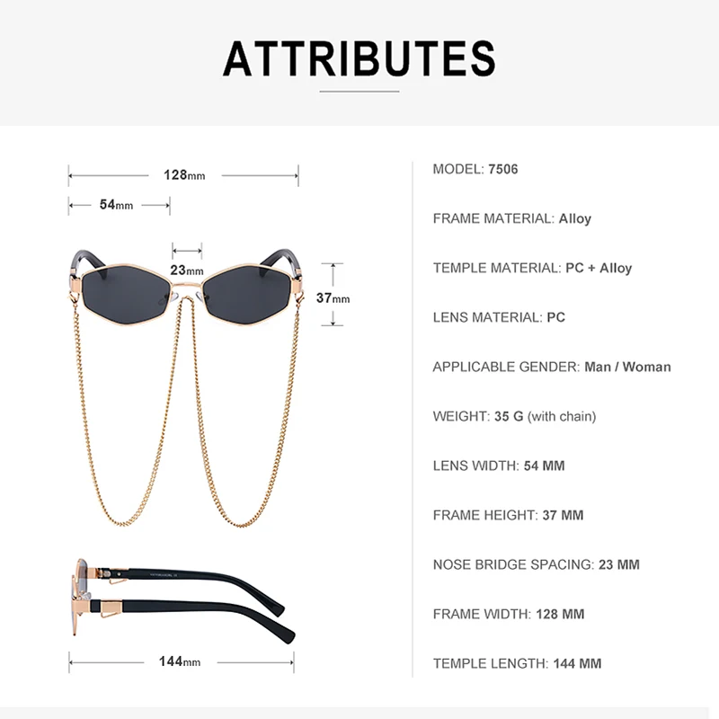 Vintage Punk Sunglasses Women With Chain Small Frame Sun Glasses for Ladies 2024 Luxury Brand Designer Hexagon Eyewear UV400