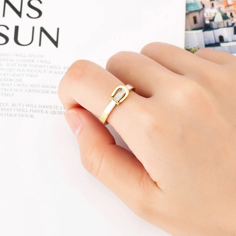 Unique Design Titanium Steel Strap Shape White Shell Ring For Women Love Gift Gold Color Jewelry Wholesale