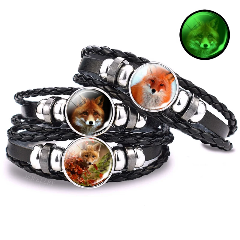 Glowing in the Night Luminous Bracelet Cute Fox Photo Glass Cabochon Black Leather Handmade Bracelets for Women Gifts Accessory