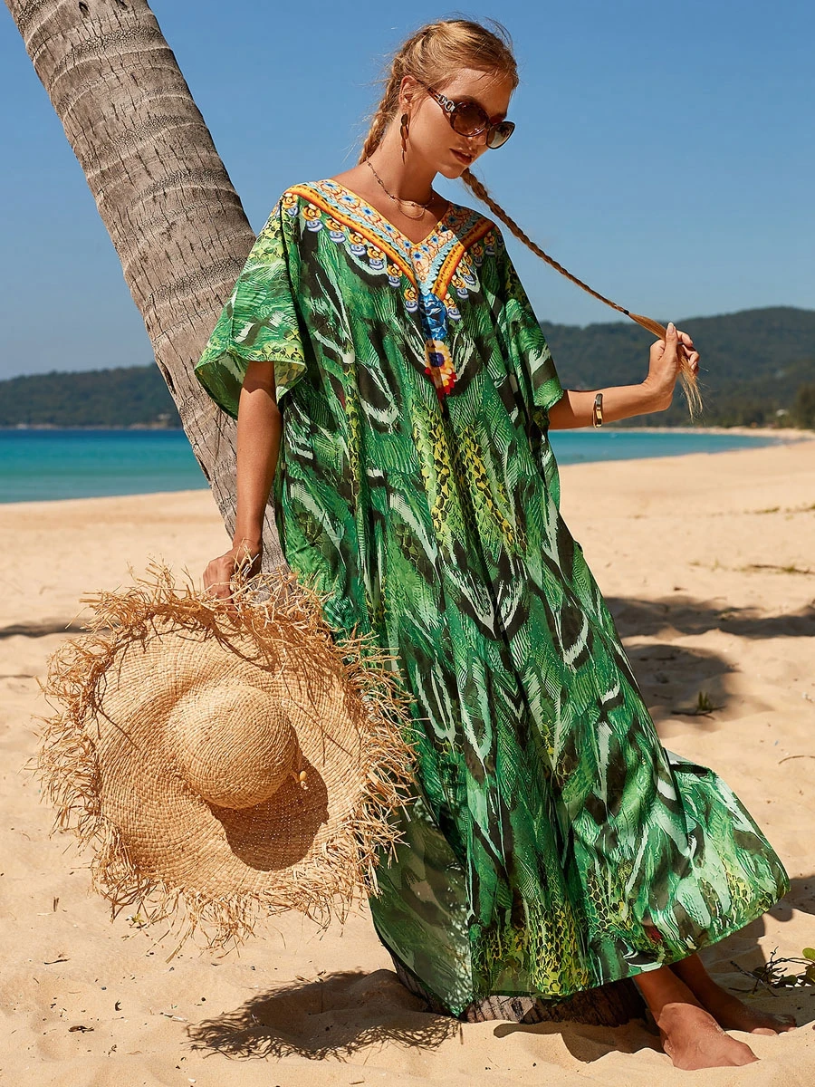 Bohemian Green Kaftan Holiday Dresses Plus SIze Wild Tropical Pattern Beach CoverUp Party Seaside Resortwear Caftan Summer Women