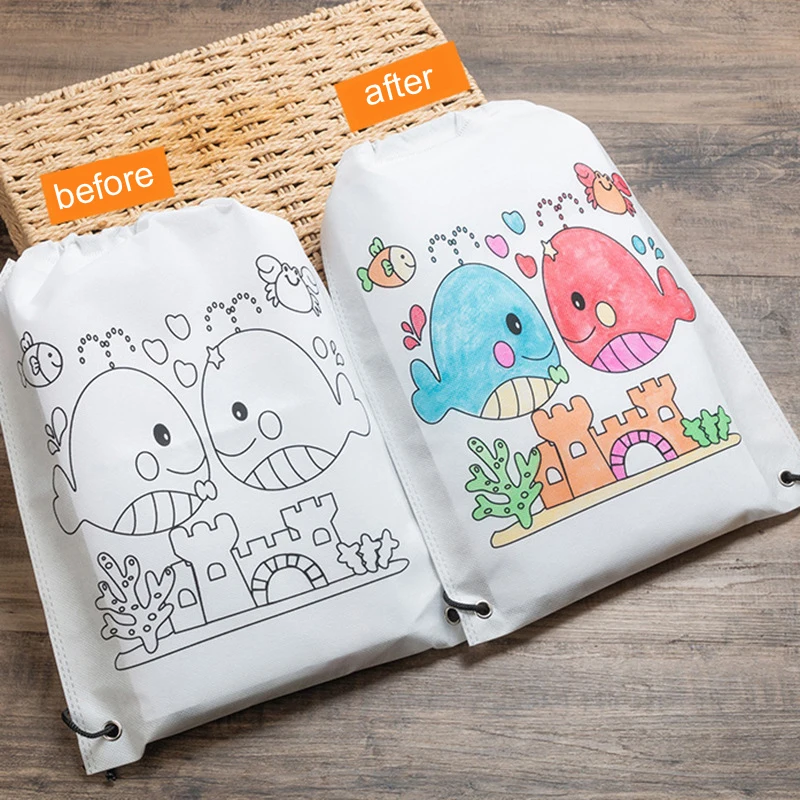 1 Set DIY Hand-Painted Coloring Graffiti Painted Cartoon Non-Woven Bag for Children Handmade Gift Bag Toy with Tool