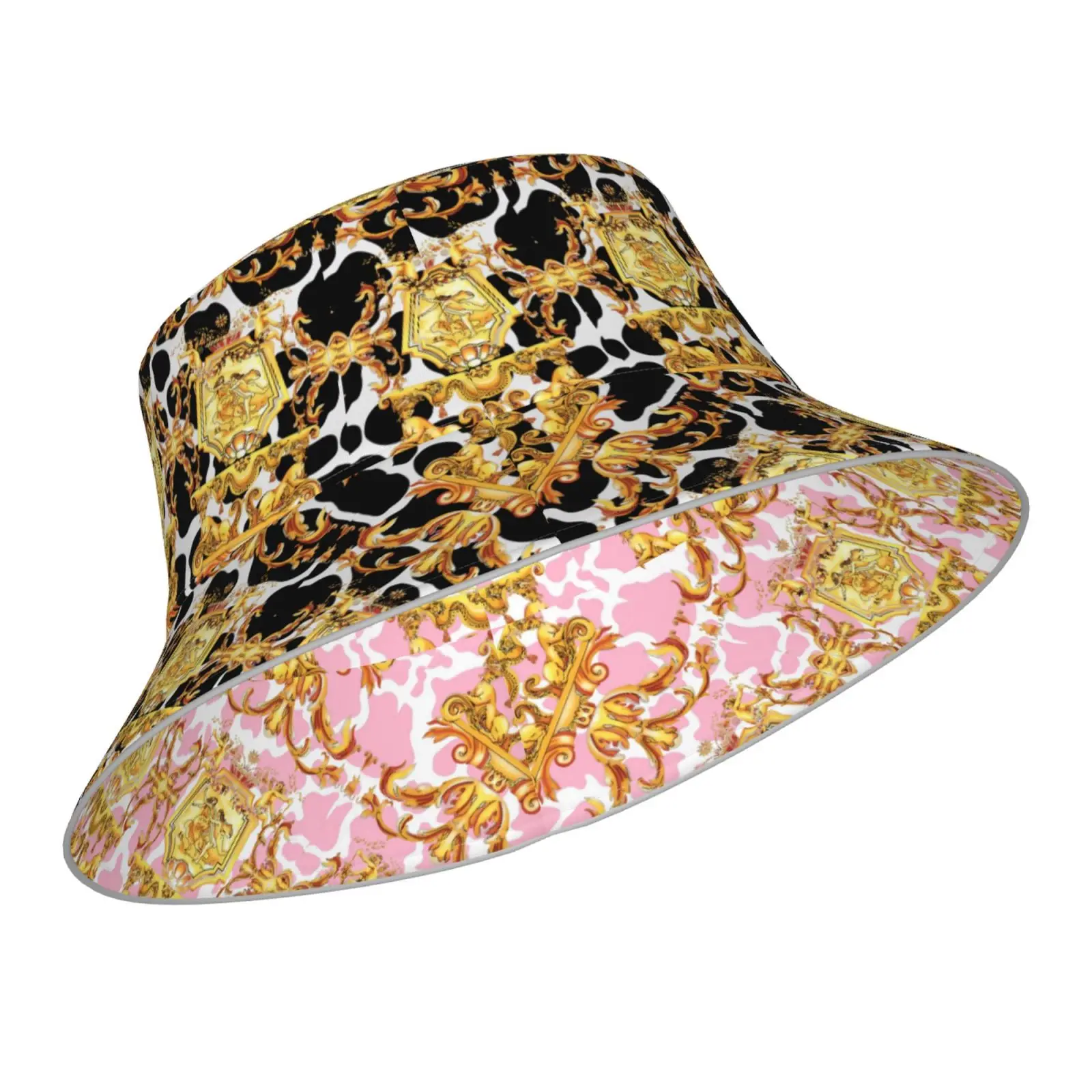 

NOISYDESIGNS Fisherman's Hat Women Golden Baroque Pattern Luxury Flower Reversible Packable Outdoor Sun Hat Night Reflect Light