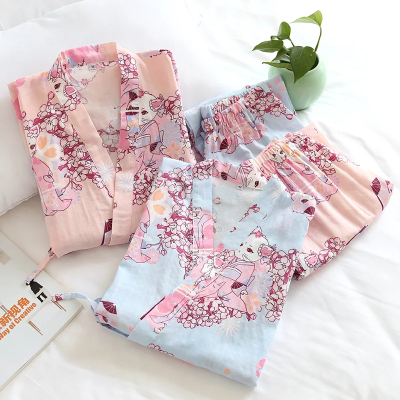 Women Summer Short Sleeve Cotton Loose Pajamas Trousers Set Bathrobe V-Neck Cute Cartoon Pattern Kimono Hanfu Lounge Sleepwear