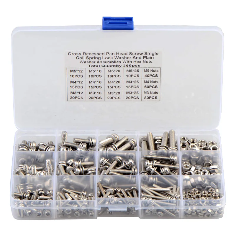 360pcs Cross Round Head M3 M4 M5 Screw Set Phillip Cross Pan Head Machine Screw and Nut Flat Gasket Spring Washer Assorted Kit