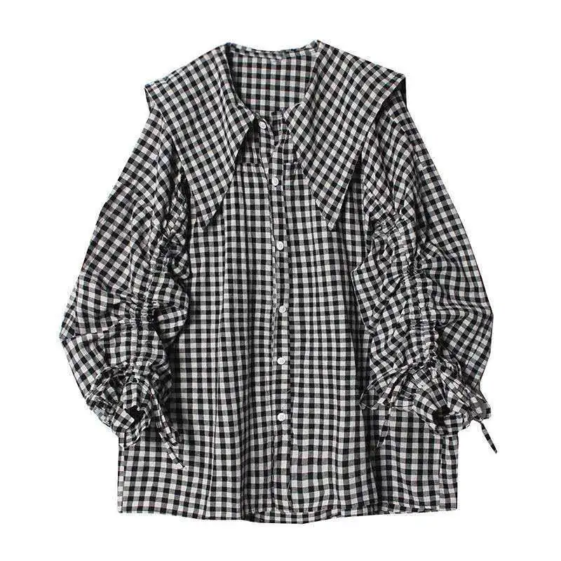 Bow Shirts Womens 2021 New Korean Lantern Sleeve Plaid Oversized Blouse Young Preppy Style Plus Size Lapel Peter Pan Collar Tops