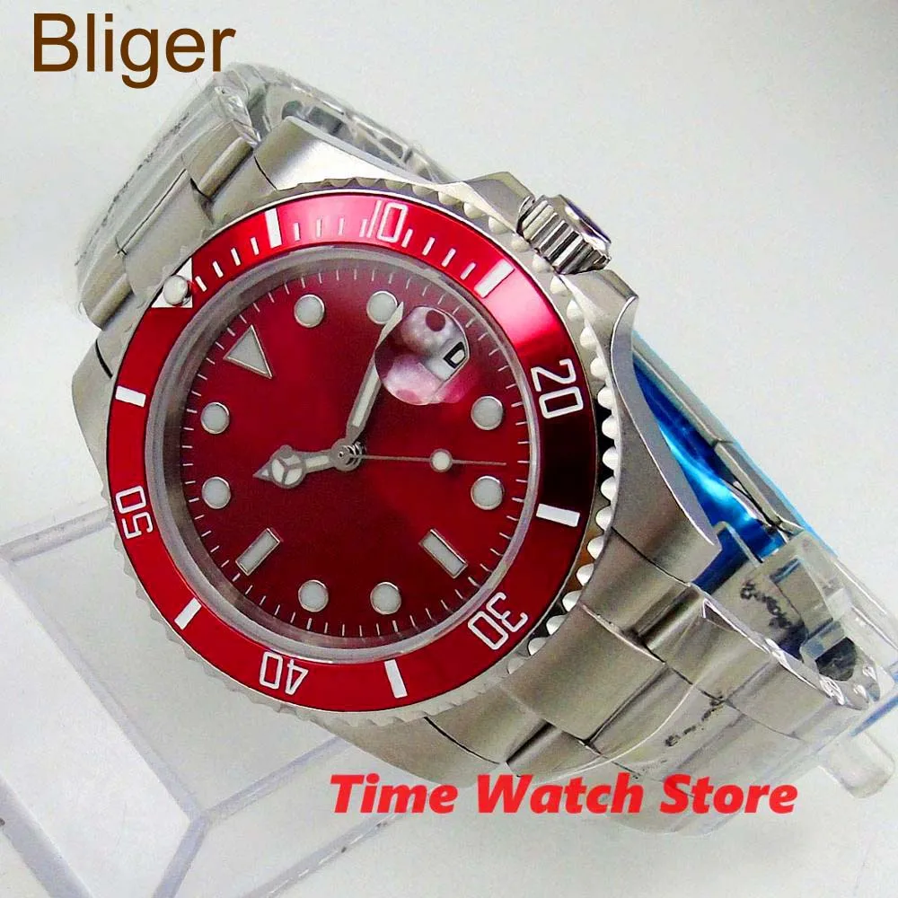 

Bliger 40mm PT5000/NH35/Miyota 8215 Men's Automatic Watch Sapphire Glass Red Dial Ceramic Bezel 316L Bracelet Luminous