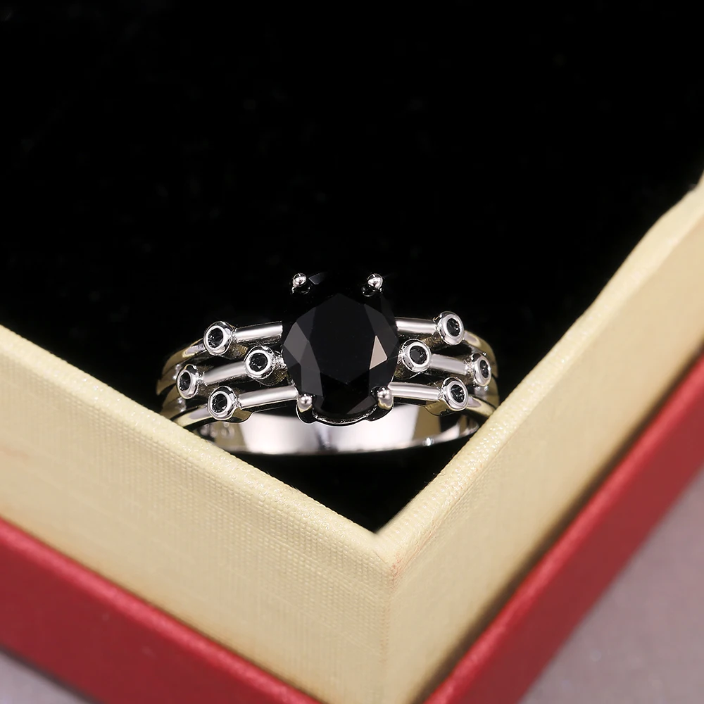 Women's Black Stone Three Rows Ring for Dancing Parties