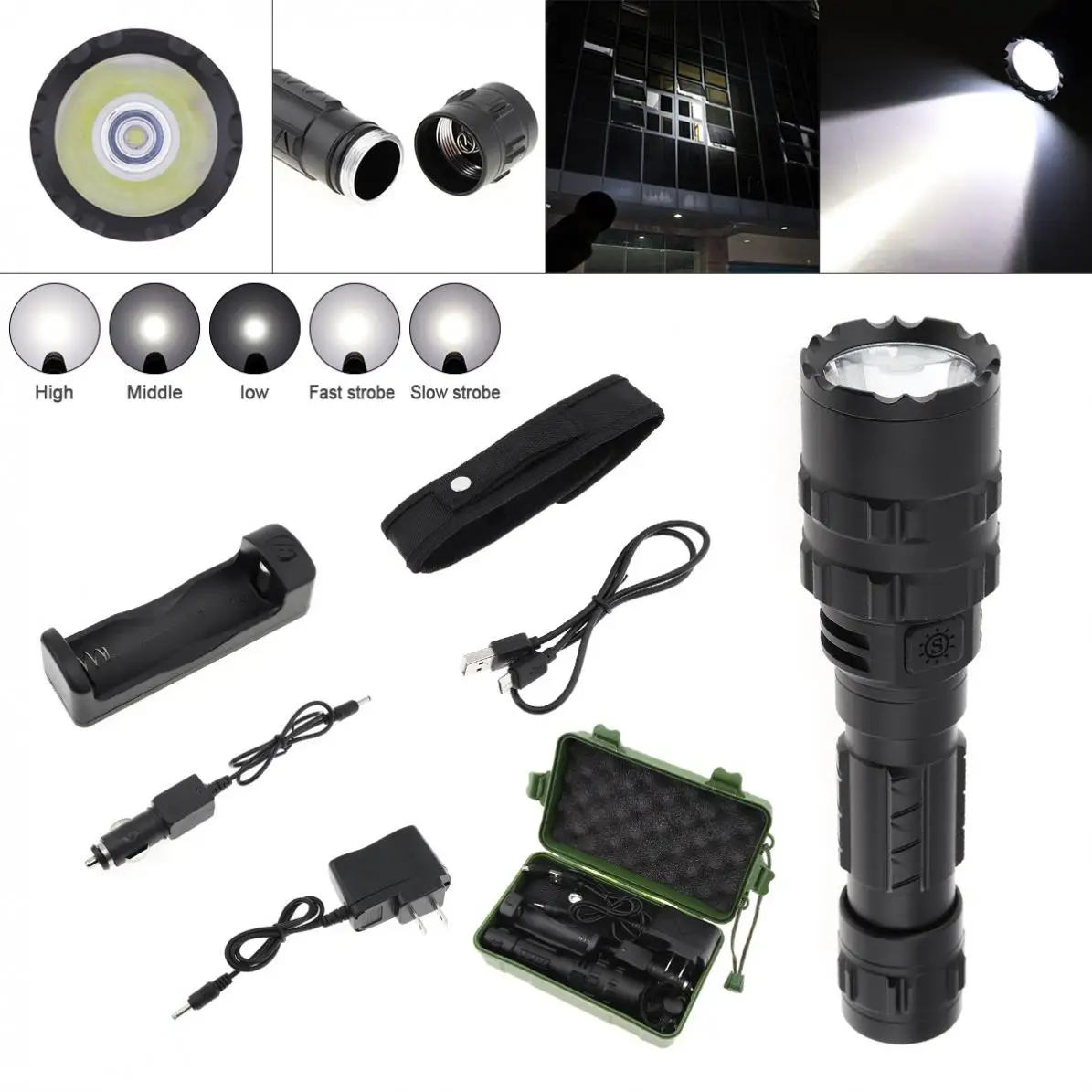 

LED Flashlight Torch Set Ultra Bright USB Rechargeable Waterproof Scout Light Torch Light 5 Modes by 1 x 18650 Battery