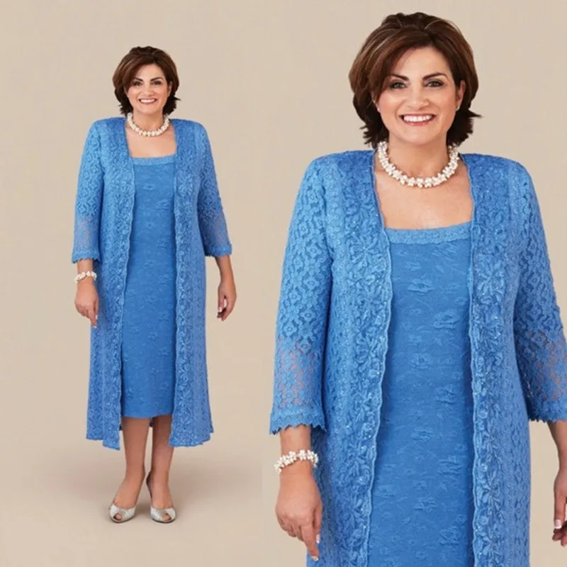 

Plus Size Blue Lace Mother Of The Bride Dresses 2021 With Jacket 2 Pieces Women Tea Length Long Sleeve Wedding Guest Gowns