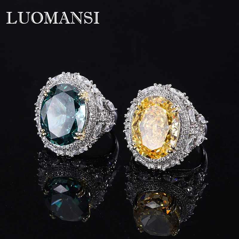 

Luomansi 12*16MM Mint Green Yellow High Carbon Diamond Retro Ring Woman S925 Silver High Jewelry Wedding Party Birthday Gift