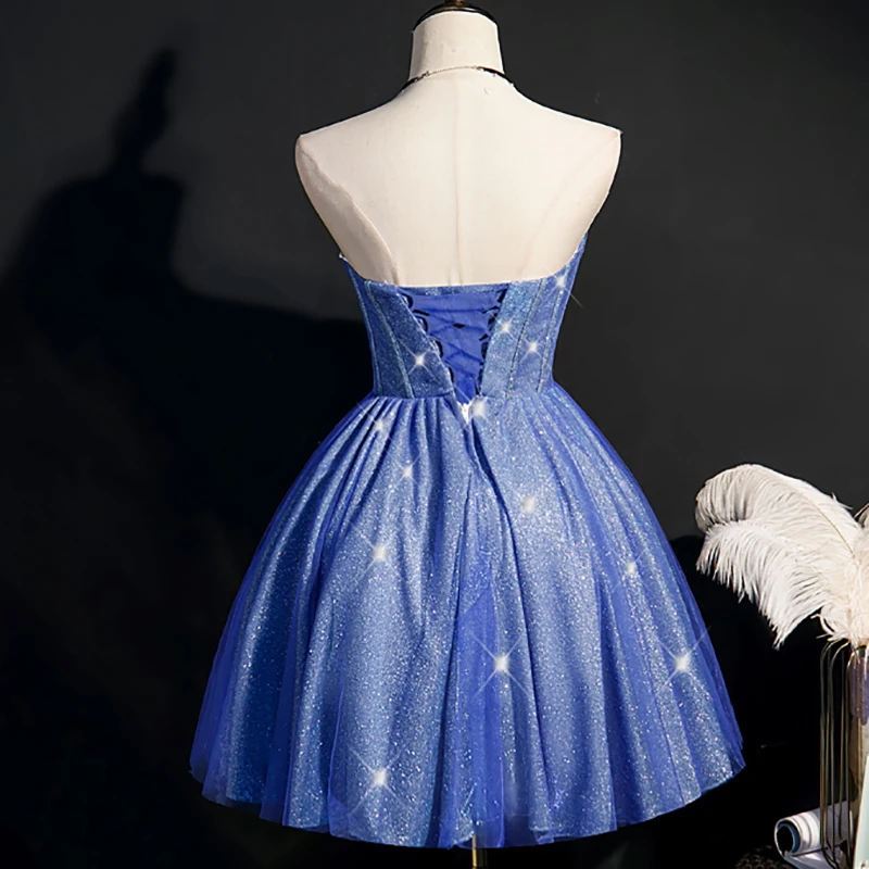 AnXin SH Prinzessin Luxus Prinzessin blau glitzernde Spitze Host trägerlos ärmellos Geburtstagsfeier kurzes blaues maßgeschneidertes Abendkleid