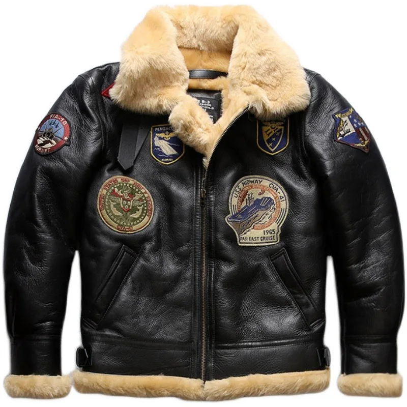 

Factory Men Black Fur Pilot Jacket B3 Flight Jackets Fashion Multi-label military Wool Liner Sheepskin Coat Winer Russia Coats