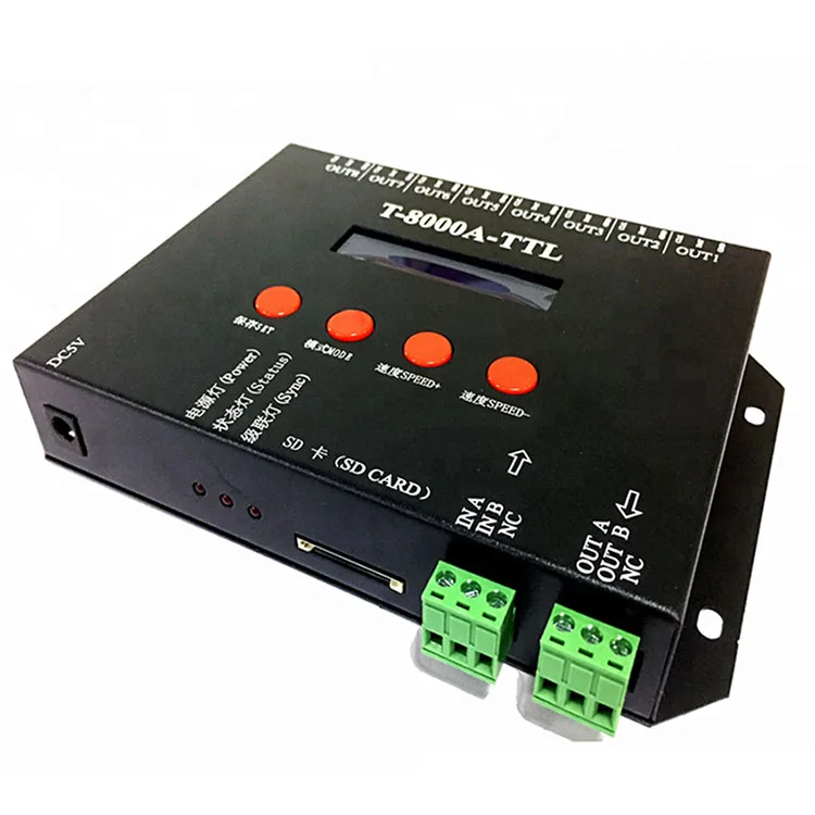 DC5V-24V T-8000A led SD card pixel controller,8ports SPI(TTL)signal output, WS2811/WS2812B/LPD8806/WS2801 Programmable Controlle