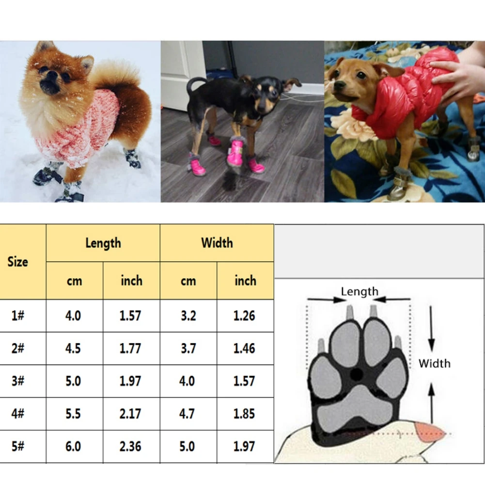 4 Pcs/set Winter Pet Dog Shoes for Small Dogs Cats Fleece Super Warm PU Dog Snow Boots Waterproof Puppy Chihuahua Teddy Shoes