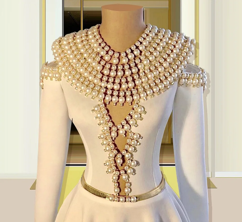 Customized Vestidos Feast Sheer Pearls Celebrity Prom Dresses 2025 A-Line Long Sleeves Arabic Dubai Formal Evening Gowns Women