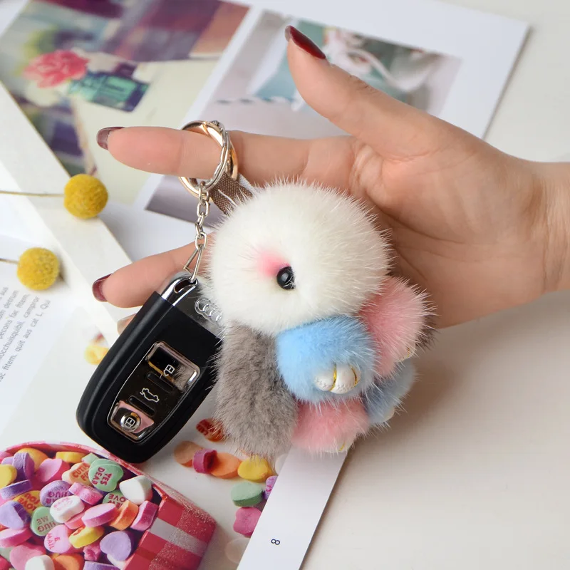 Colored Rainbow Kawaii Plush Rabbit Keychain Rabbit Doll Diamond Mink hair Fur Pompom Bunny Toys Key Chain christmas gifts