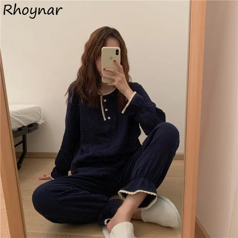 

Pajama Sets Women Autumn New Korean Style Loose Simple Sleepwear Sweet BF Two Pieces Harajuku Lace Button O-neck Fashion Lounge