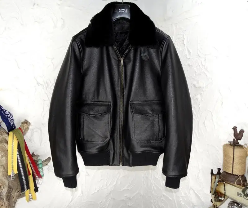 

2020 Black Men Military Style G1 Pilot Jacket Plus Size XXXXL Genuine Cowhide Russian Winter Aviator Leather Coat