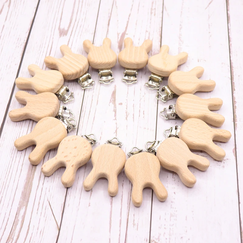5PCS Wooden pacifier baby accessories wooden animal pacifier metal holder rabbit pacifier wooden baby teeth