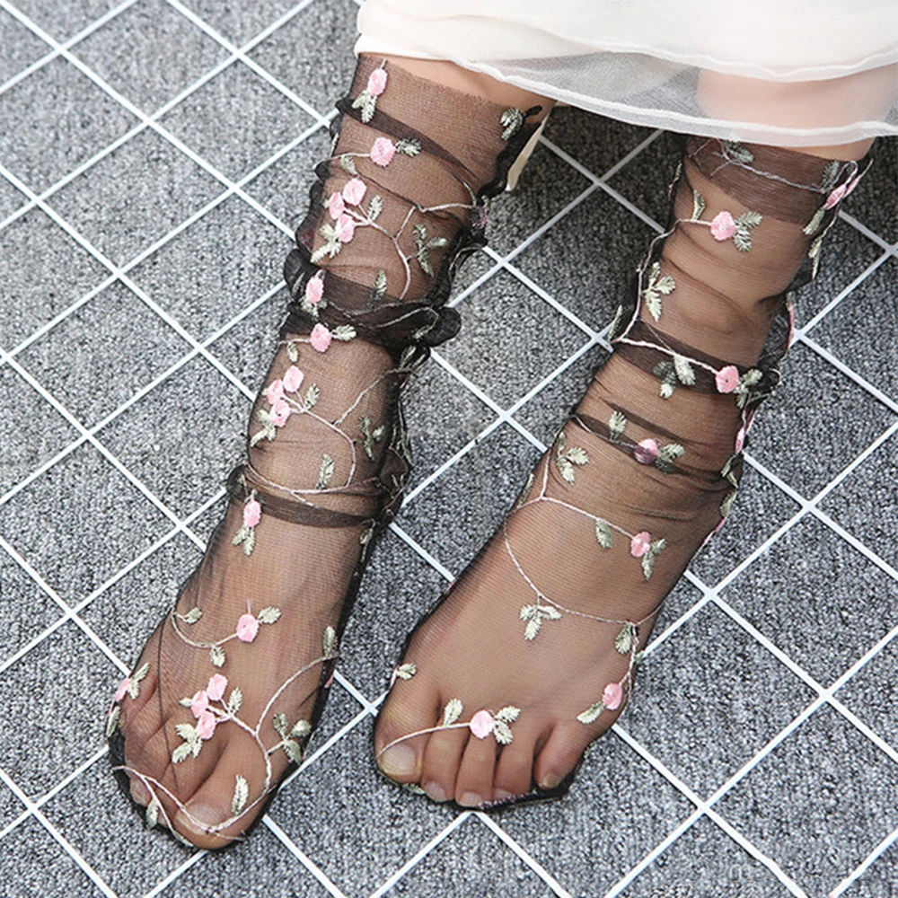 Summer Embroidery Flowers Socks Tulle Women Transparent Long Socks Femme Mesh Thin Socks Dress Streetwear Calcetines Mujer