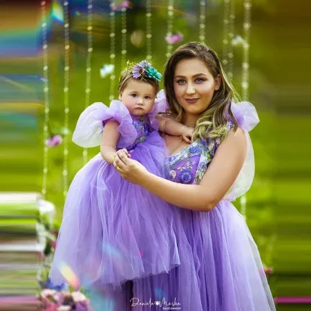 Cute Mother And Kids Tulle Dresses For Photo Shoot   Sleeveless Ball Gown Puffy Plus Size Handmade Flower   Mom And Me Gown